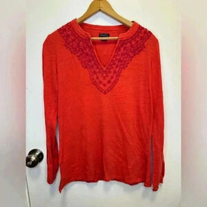 Lucky Brand Live and Love red long sleeve pullover top embroidered v neck size S